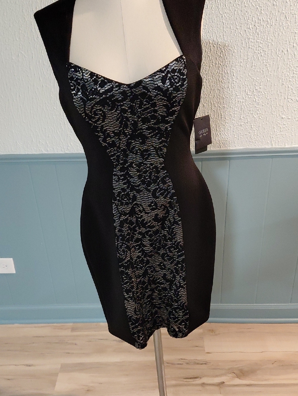 Guess Black Dress with Silver Lace-Effect Panel